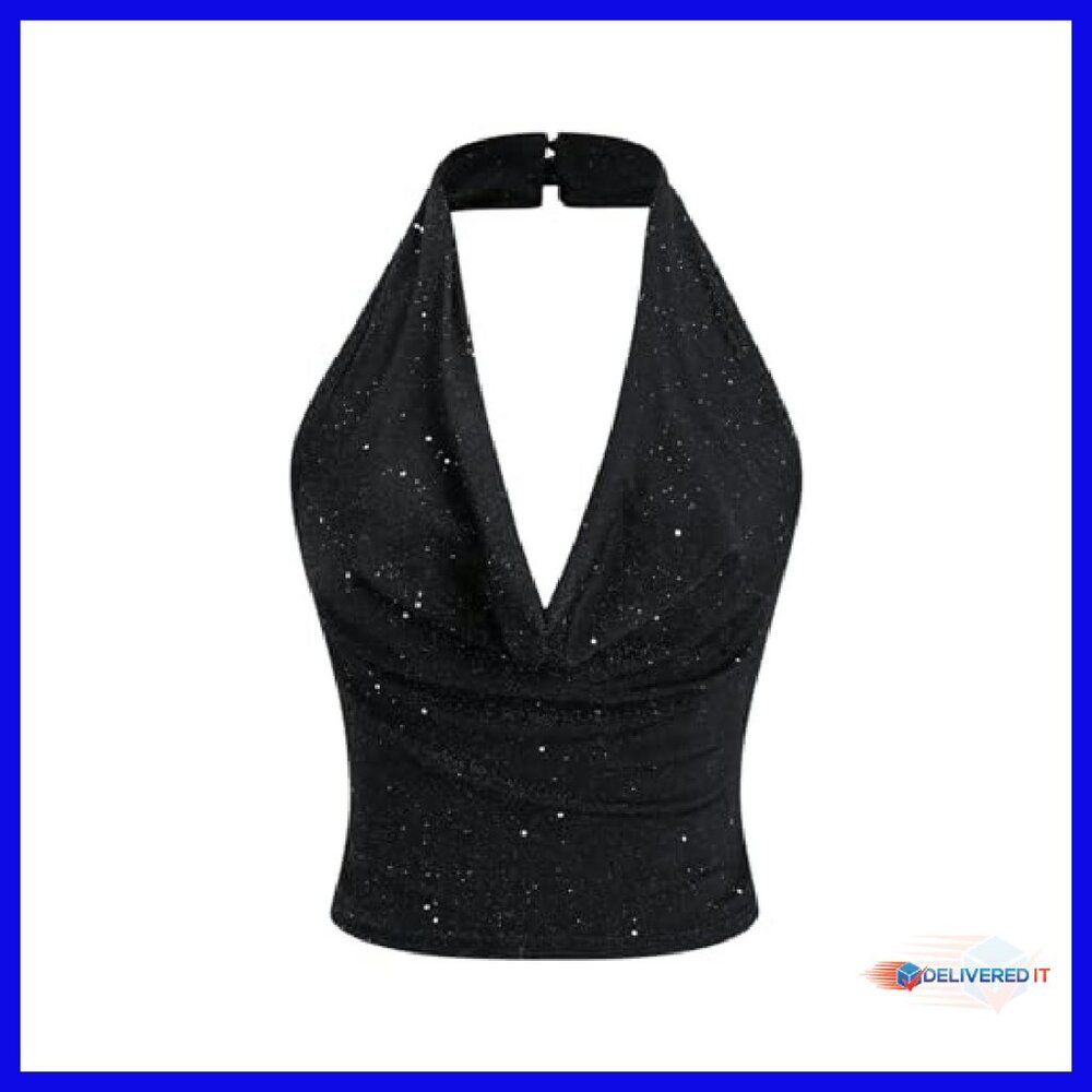 Sparkly Halter Crop Top Backless Sequin Party Clu… - image 2